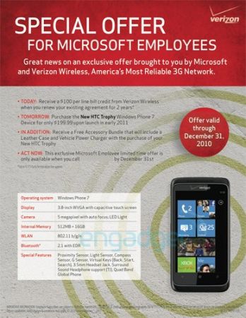 HTC Trophy with Windows Phone 7 entrance to Verizon in early 2011
