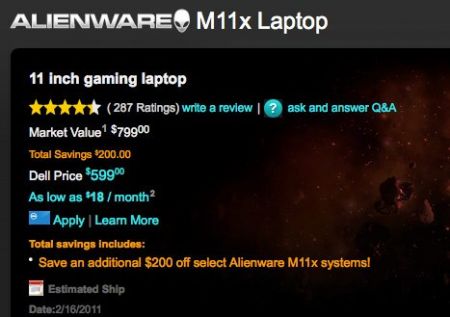 Alienware M11x starting during only $599, though not for prolonged